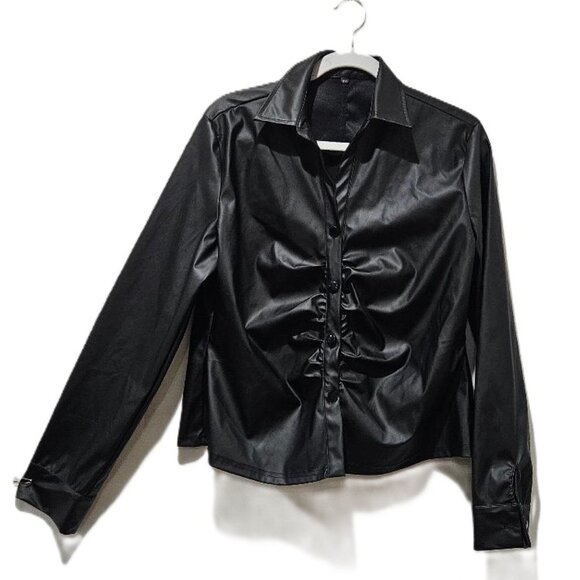 BLACK VEGAN LEATHER LONG SLEEVE SHIRT XXL GOTH GRUNGE PUNK EMO HALLOWEEN COSTUME - Picture 1 of 4